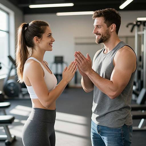 Photograph of a smiling, fit couple in a gym, both clapping hands, wearing sporty attire—white bra and gray tank top for the