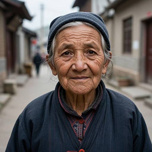 Photograph of an elderly Asian woman with wrinkled face, gray hair, wearing a dark blue headscarf and textured black top, standing in a