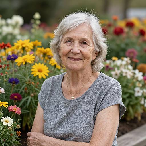 Photograph of smiling elderly woman with short white hair, wearing gray shirt, standing in vibrant flower garden with yellow, red, and white flowers.