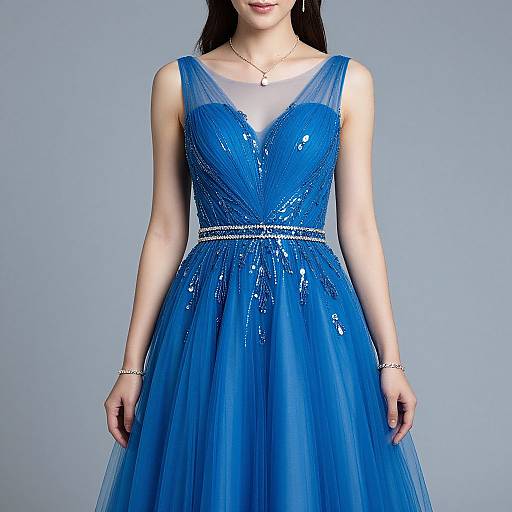 Elegant Woman in Blue Tulle Gown