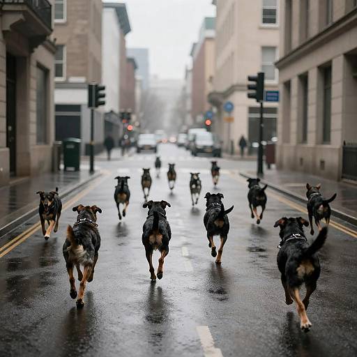 Chaotic Pack of Dogs on Wet Street