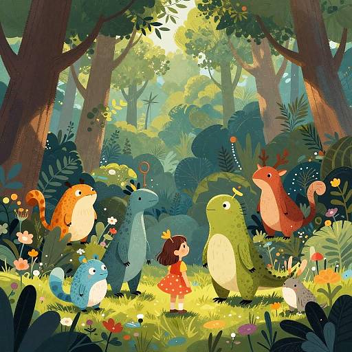 Whimsical forest illustration: colorful, cute, cartoonish creatures and a little girl in a red dress stand among vibrant flowers and lush greenery,