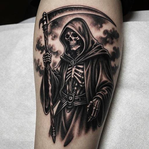 Black and gray tattoo of a skeletal Grim Reaper with a hooded robe, holding a scythe, on a human forearm.