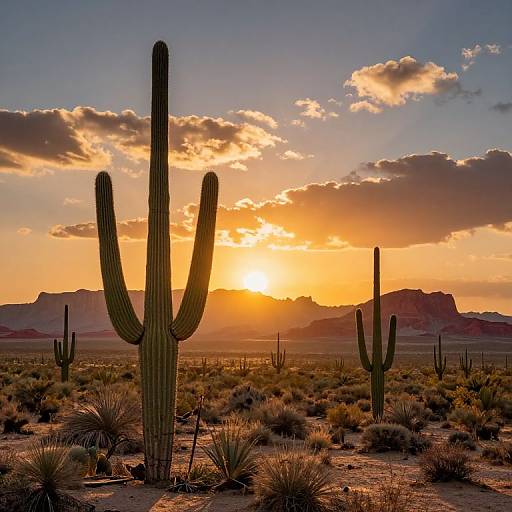 Photograph of a desert sunset with tall cacti, orange sky, scattered clouds, and distant mountains; sun low on horizon, casting warm light