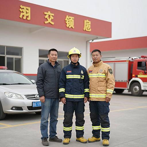 Three People by Building with Vehicles