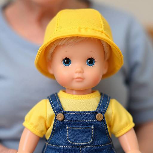 Photograph of a blonde doll with blue eyes, wearing a yellow hat, yellow shirt, and blue denim overalls, slightly blurred adult in background.