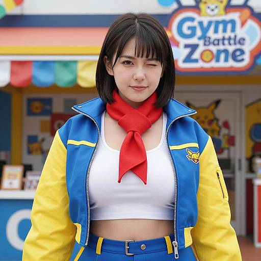 Photograph of a young Asian woman with black bob haircut, wearing a blue and yellow jacket, white crop top, red scarf, and blue pants,