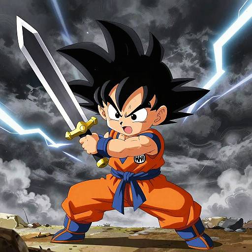 Digital art of Super Saiyan Goku from Dragon Ball, holding a glowing sword, with lightning bolts in a stormy sky.