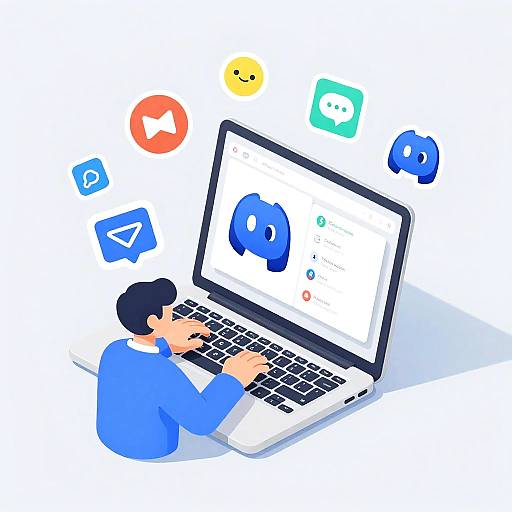 Digital illustration of a man with black hair in a blue shirt typing on a laptop, surrounded by floating app icons.