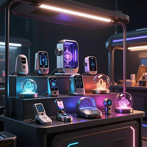 Photograph of futuristic, neon-lit electronic devices on black shelves, featuring glowing screens, buttons, and glass domes with illuminated designs, under a