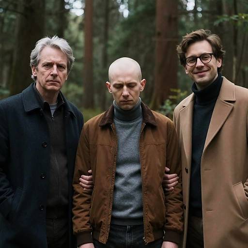 Three Men Standing in Forest