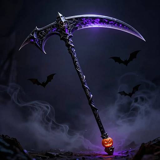 Digital artwork of a glowing, purple-tinged scythe with intricate designs, leaning on a glowing jack-o'-lantern, surrounded by flying bats