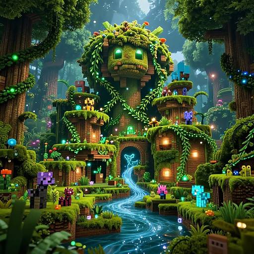 Vibrant digital art of a lush, Minecraft-style forest with glowing, colorful buildings, a neon-blue river, and a central, tower-like structure