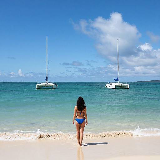 Photograph of a woman in a blue bikini walking on a white sandy beach, facing two anchored sailboats in clear turquoise water under a bright blue sky
