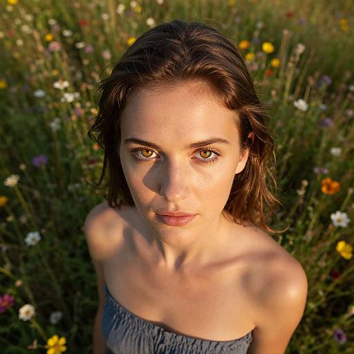 Photograph of a young woman with brown eyes and shoulder-length brown hair, wearing a blue strapless top, standing in a sunlit meadow filled