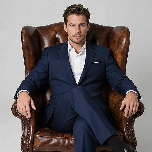 Photograph of a handsome, bearded man with brown hair, in a dark navy suit, white shirt, and black pants, seated on a brown