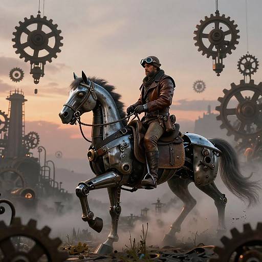 Digital artwork of a steampunk cowboy riding a metallic horse amidst floating gears, with a sunset sky in the background.
