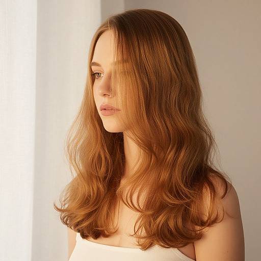 Photograph of a fair-skinned woman with shoulder-length, wavy auburn hair, illuminated by soft sunlight, wearing a white strapless top