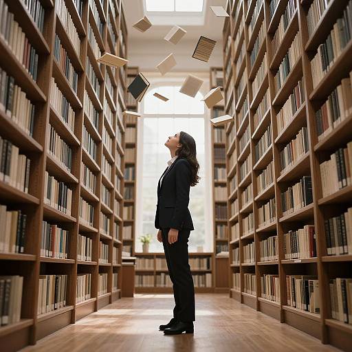 Photograph of a man with long brown hair in a black suit standing in a sunlit library aisle, books floating above him.
