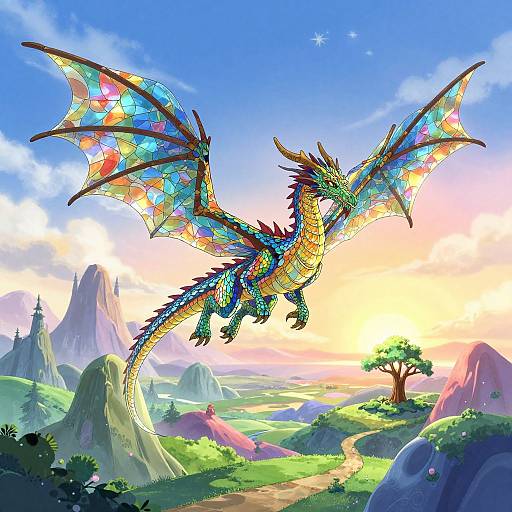 Vibrant, colorful dragon with rainbow wings soaring over a picturesque, sunlit fantasy landscape with rolling hills, mountains, and a lone tree. Digital