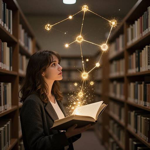 Photograph of a young woman with dark hair in a library, holding a glowing book, surrounded by sparkling constellation-like lights.