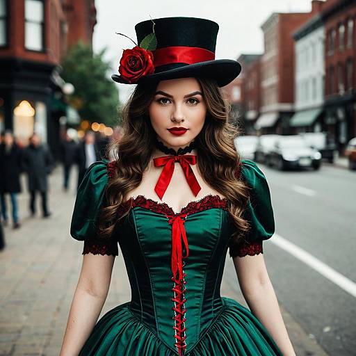 Victorian Style Woman in Green Satin Dress and Villain Hat