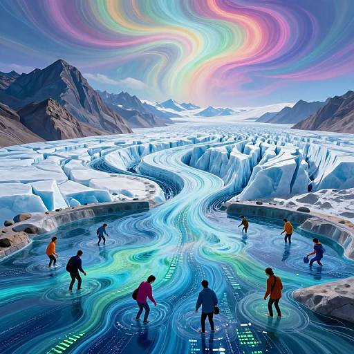 Digital artwork of people skating on a glowing, icy river in a surreal, mountainous landscape with swirling, multicolored aurora sky.