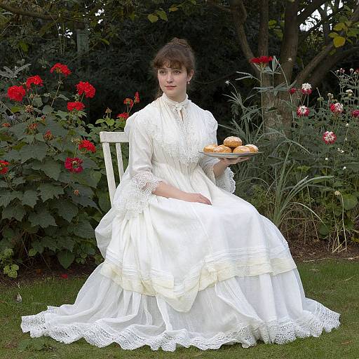 Photograph of a woman in a white, lace-trimmed Victorian dress, seated on a white chair, holding a plate of scones,