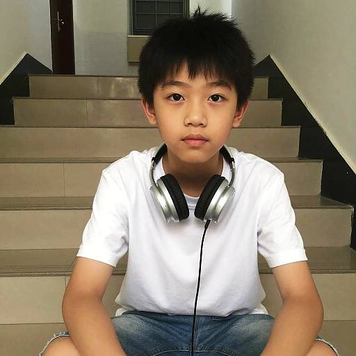 Photograph of a young Asian boy with short black hair, wearing a white t-shirt, blue jeans, and black headphones, sitting on outdoor concrete stairs