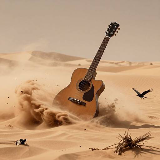 Photograph of an acoustic guitar partially buried in golden sand dunes, with a flying bird and scattered dry grass.