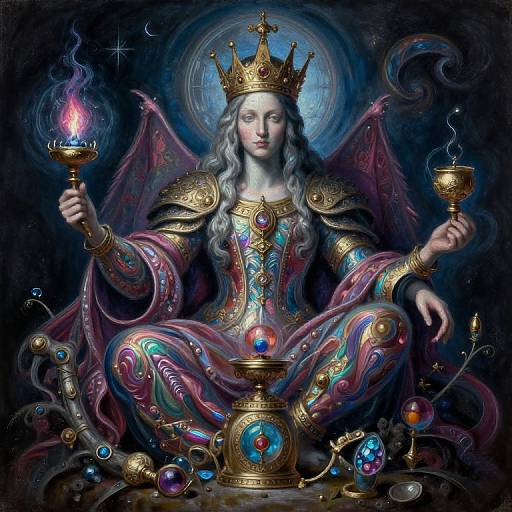 Digital painting of a regal, white-haired queen with purple wings, gold crown, and ornate armor, holding a flaming chalice, surrounded by