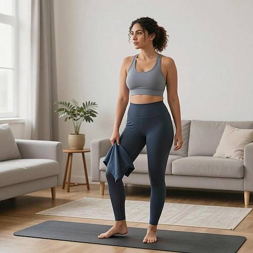 Photograph of a curly-haired woman with medium brown skin, wearing a gray sports bra and navy leggings, standing barefoot on a black yoga mat in