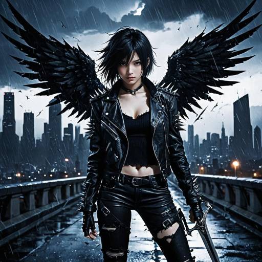 Gothic Fallen Angel in Stormy City