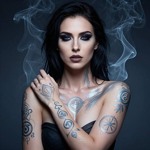 Photograph of a tattooed woman with wet black hair, smoky background, dark makeup, and silver body glitter, showcasing intricate arm tattoos.