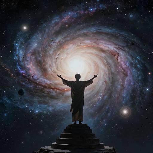 Silhouetted figure with arms outstretched stands on a pyramid, facing a vibrant, swirling galaxy with stars and planets. Digital art.