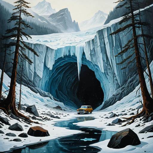 Surreal Glacier Ice Cave with Yellow Car