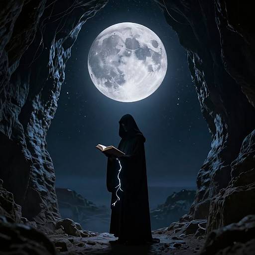 Silhouetted wizard in dark cave reading book under luminous full moon; rocky arch frames scene; starry night sky above.