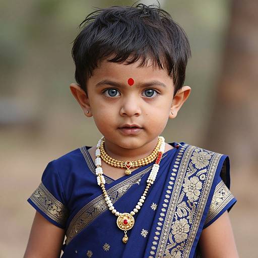 Photograph of a young Indian boy with dark hair, wearing a navy blue embroidered sari, gold jewelry, and a red bindi, standing outdoors