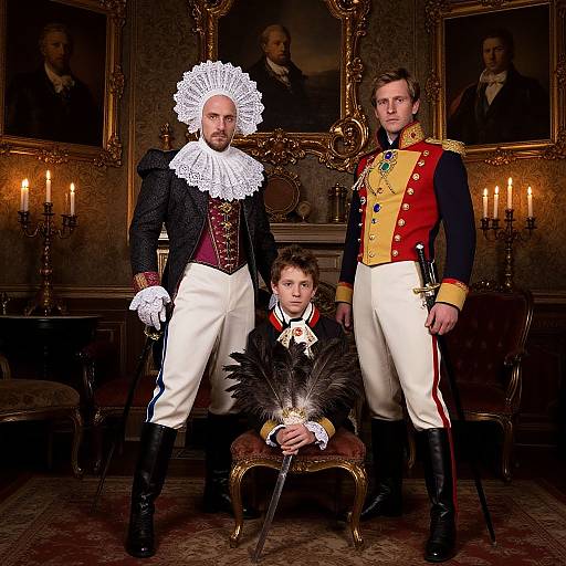 Photograph of two tall men in 18th-century military uniforms with elaborate white ruffs and vests, standing flanking a seated man with a feather
