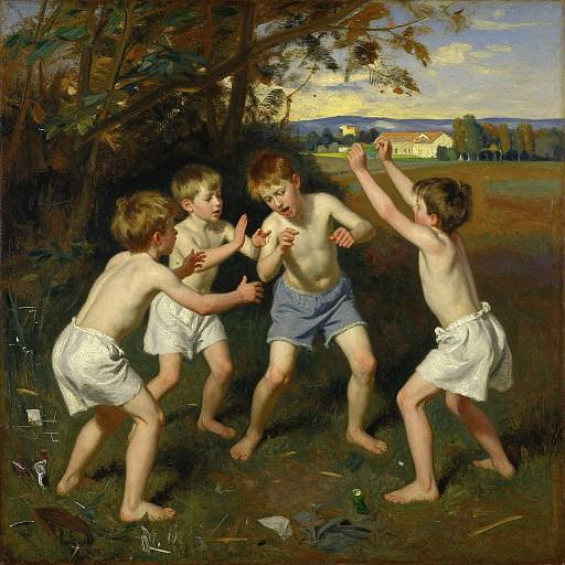 Realistic oil painting of four shirtless, young boys in white shorts play-fighting in a forest clearing with a distant village.