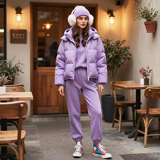 Photograph of a young woman in a lavender puffer jacket, matching pants, white beanie with fur trim, and colorful sneakers, standing outside a