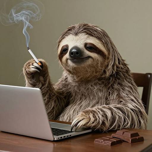 Photograph of a sloth with shaggy brown and beige fur, smoking a cigarette while typing on a laptop, with chocolate bars on the wooden