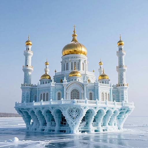 Photorealistic CGI of a blue, ice-encrusted, golden-domed temple with intricate arches and towers, floating on a frozen sea