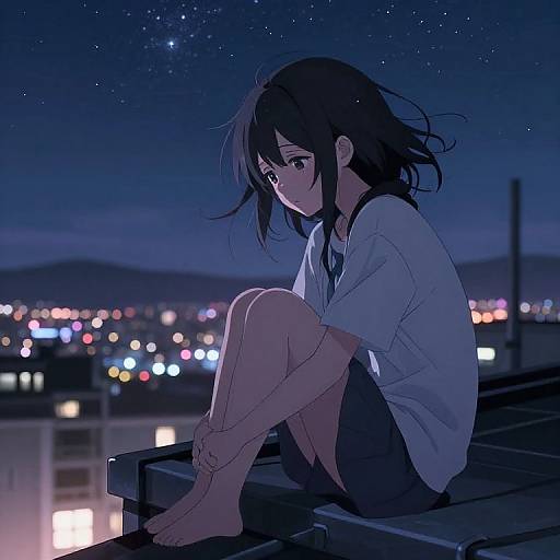 Anime-style digital drawing of a sad, dark-haired girl sitting barefoot on a rooftop at night, gazing at a starry sky with city lights