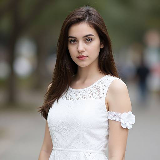 Photograph of a young Asian woman with long dark brown hair, wearing a white lace off-shoulder dress, standing in a blurred outdoor park.