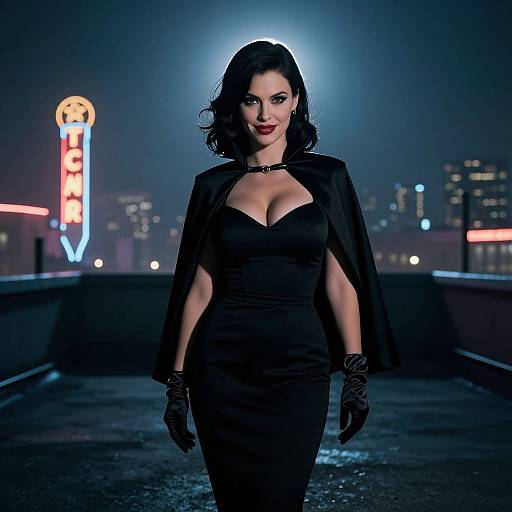 Photograph of a confident woman with dark wavy hair, wearing a black dress and cape, black gloves, standing on a rooftop at night with neon