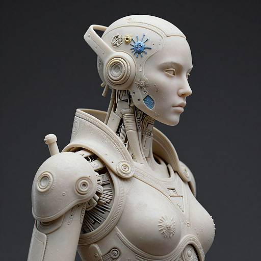 Photorealistic CGI of a white, futuristic female robot with intricate designs, blue flowers, and mechanical details, against a dark blue background.