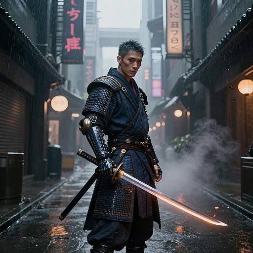 Cinematic Cybernetic Samurai in Futuristic Alley