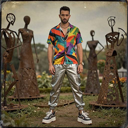 Photograph of a man with short black hair and beard, wearing a colorful geometric shirt, silver pants, white sneakers, and a necklace, standing in