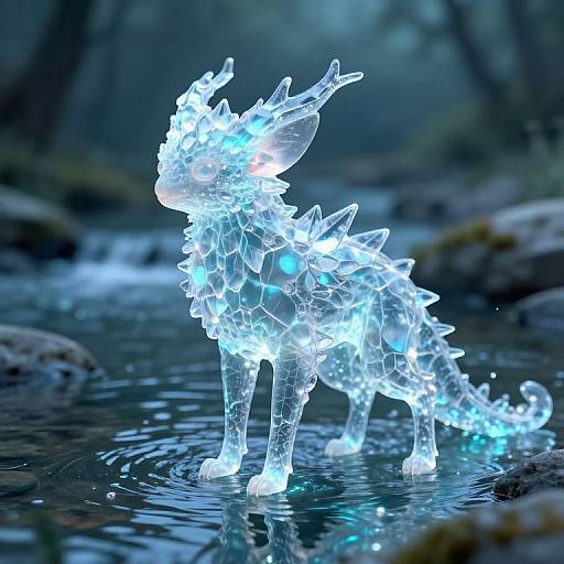 Glowing, translucent dragon sculpture with crystalline spikes, standing in a reflective, blue-lit forest stream, illuminated by ethereal light. Phot